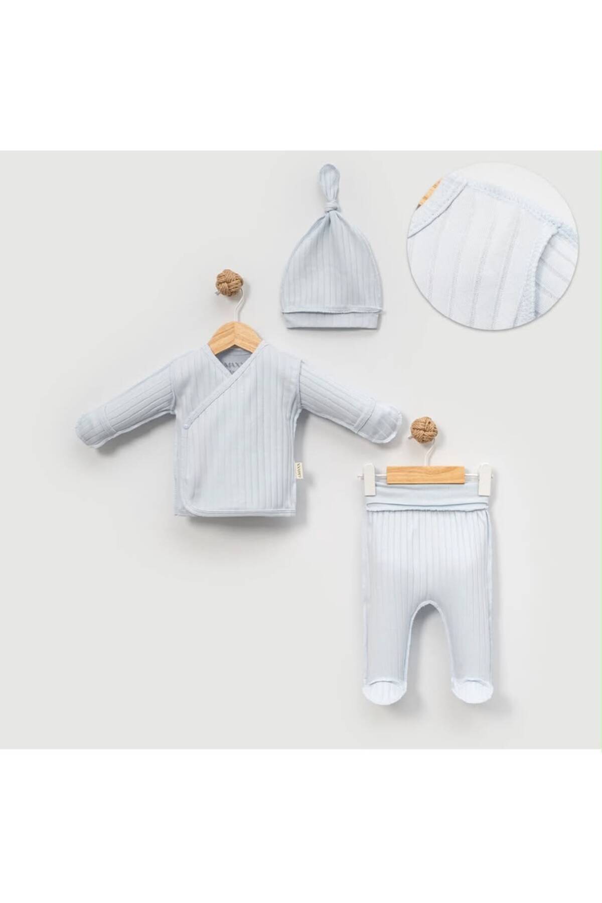 Yenidoğan Fitilli 3 Parça Bebek Takımı - Açık Mavi