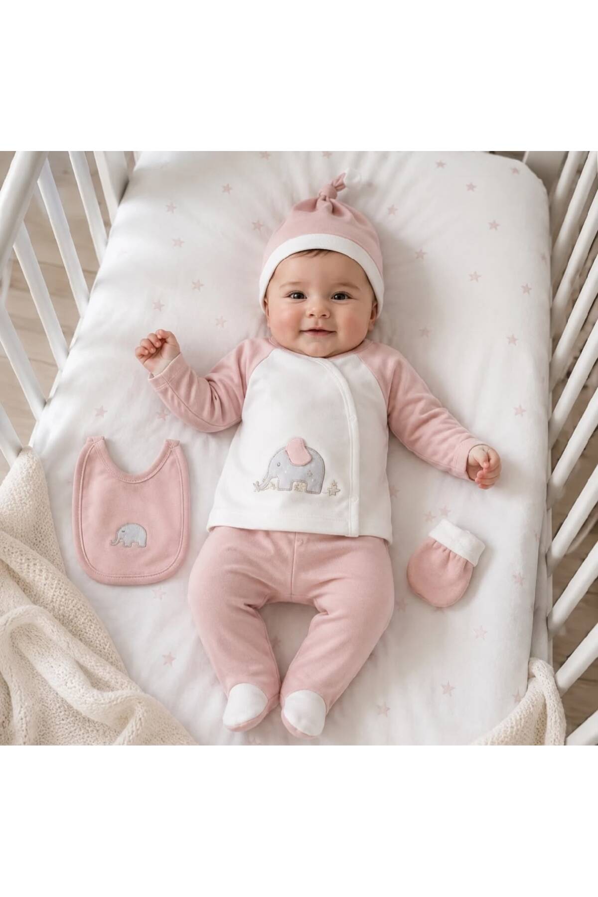 Fil Nakışlı 5’li Yenidoğan Hastane Çıkışı Seti Pembe %100 Pamuk